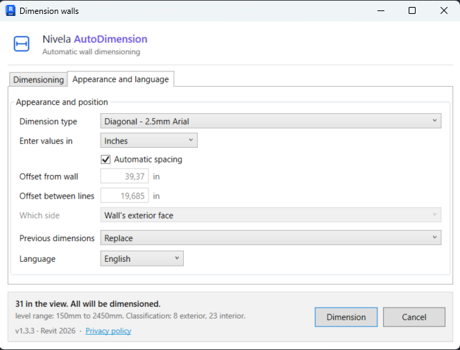 The Appearance and language tab of the panel: dimension type from the project, unit, offset and the plugin language