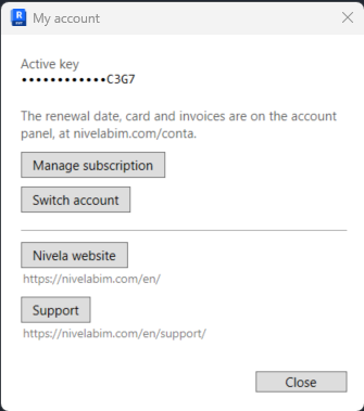 The My account window: the active key with the digits hidden, and the Manage subscription, Switch account, Nivela website and Support buttons