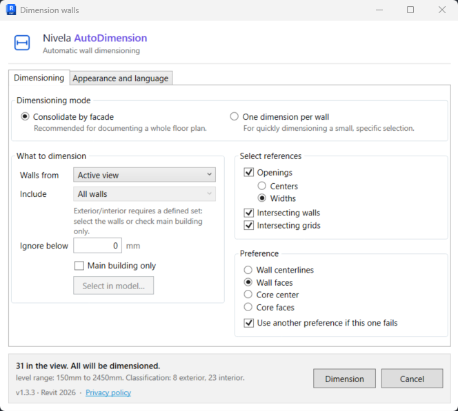 The Dimensioning tab of the panel: dimensioning mode, what to dimension, and the Select references section
